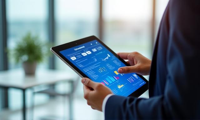 Ejecutivo analizando gráficos predictivos en una tablet moderna